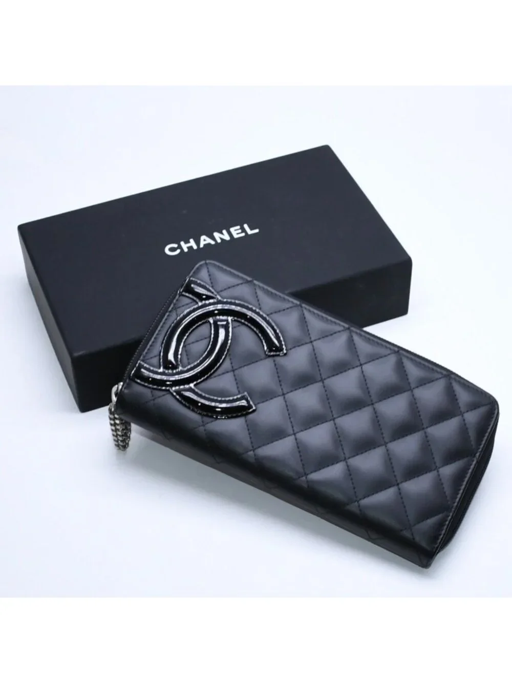 Chanel Cambon Line Round Zip Wallet Calfskin Black Silver